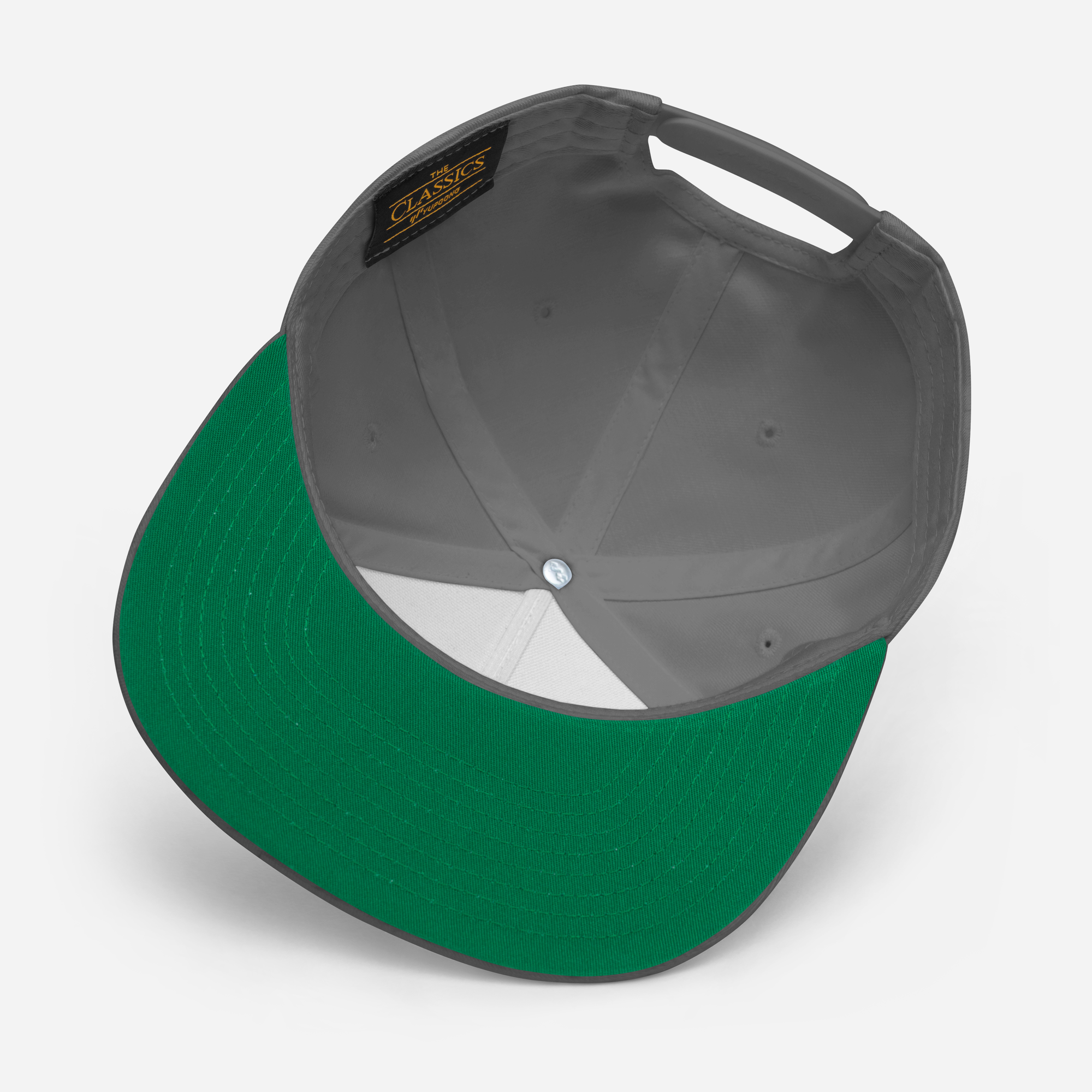 Flat bill snapback hat with embroidered logo